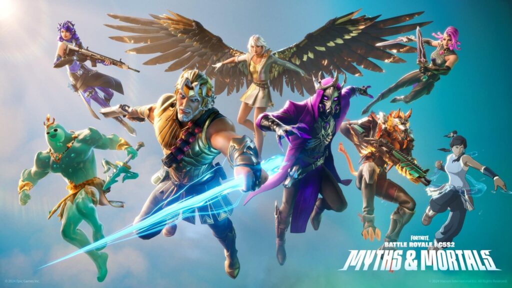 A lineup of mythological and heroic characters charging forward in Fortnite’s Myths & Mortals season