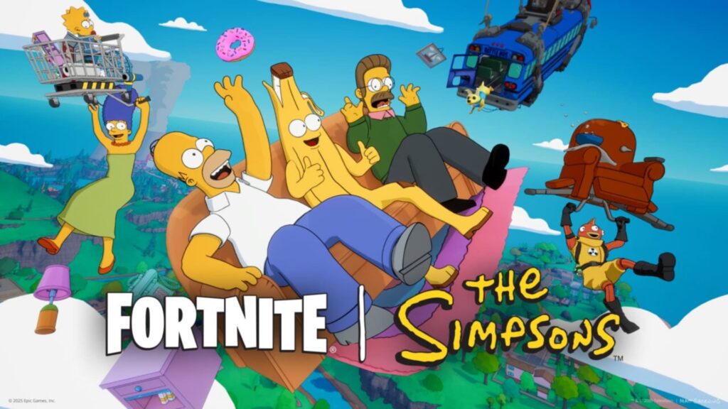 The Simpsons characters soar through the sky in Fortnite during a themed crossover scene