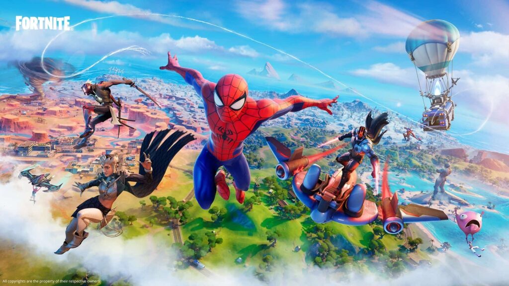 Spider-Man and other characters dive toward the island in Fortnite during a skyfall sequence
