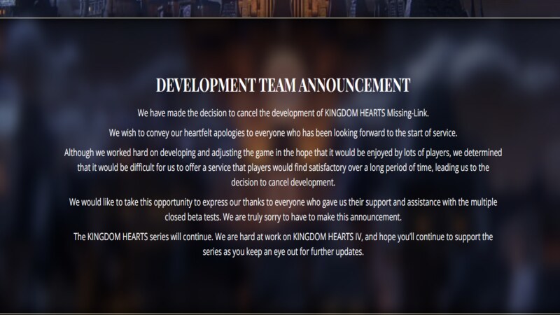 Kingdom Hearts Missing Link cancelled