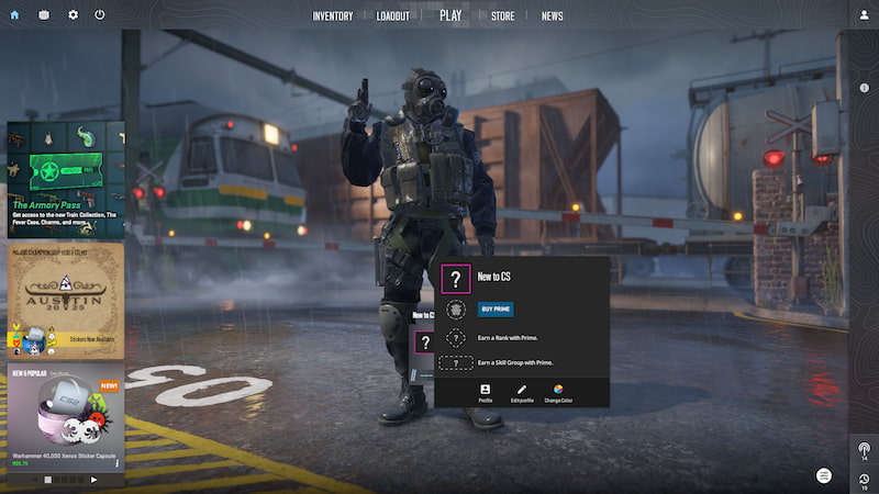 Screenshot of CS2's main menu, featuring the account's rank as part of the guide to CS2 premier