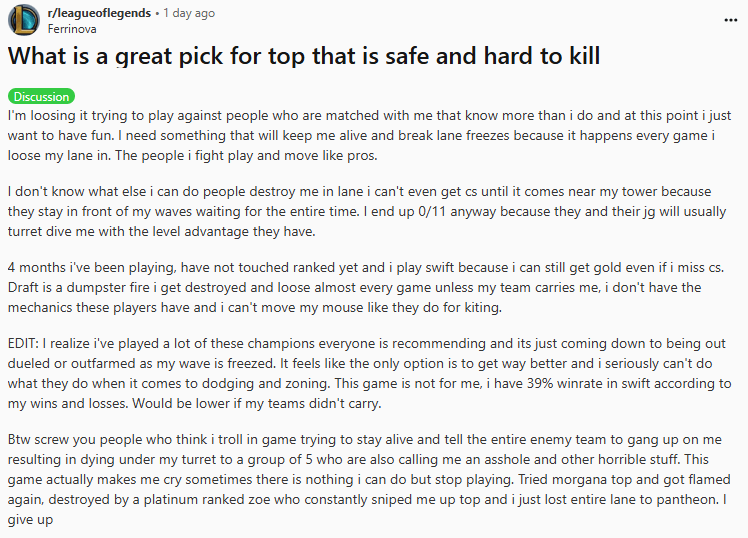 lol players discussing safest top pick on reddit
