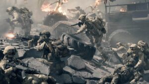 Battlefield 6 soldiers fighting in a war-torn city