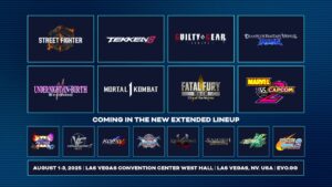 EVO 2025 game lineup featuring main and extended titles like Street Fighter 6, Tekken 8, and Marvel vs. Capcom 2, with event dates and location