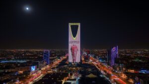 Riyadh skyline with Esports World Cup display on Kingdom Centre