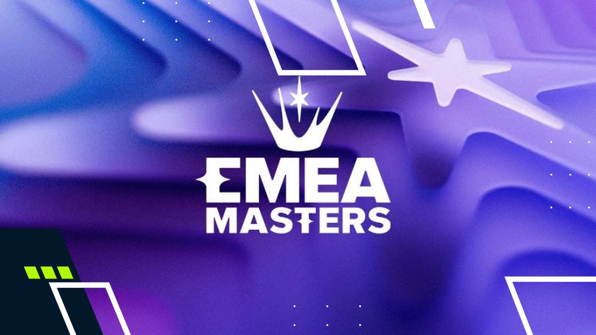 EMEA Masters logo featuring a crown, set against a vibrant purple abstract background with geometric shapes and sparkles.