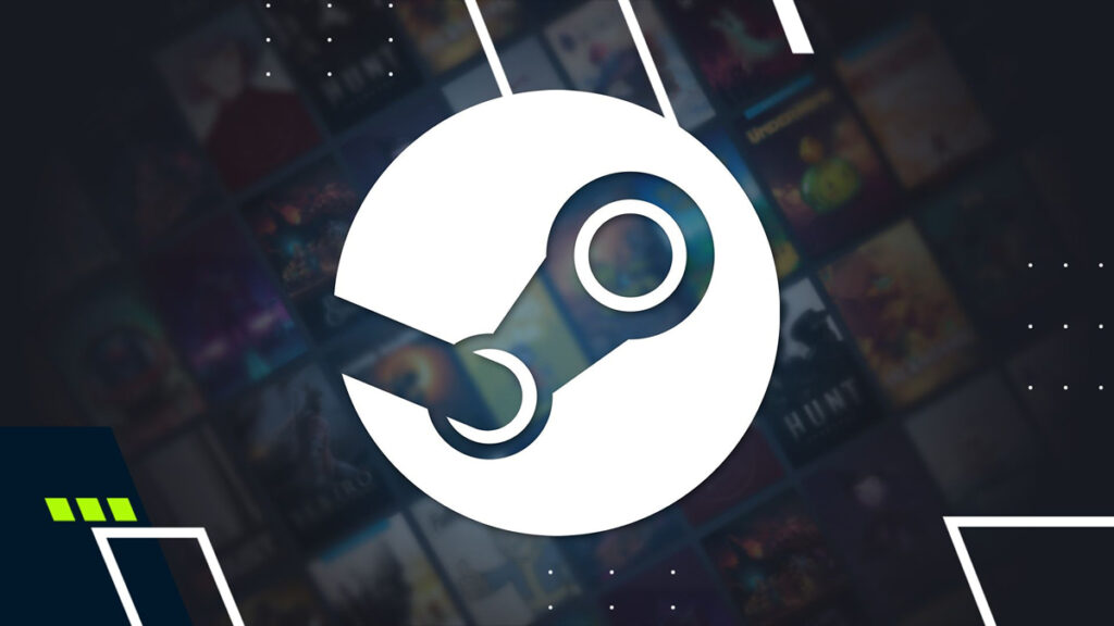 Steam logo on a blurred background of video game covers