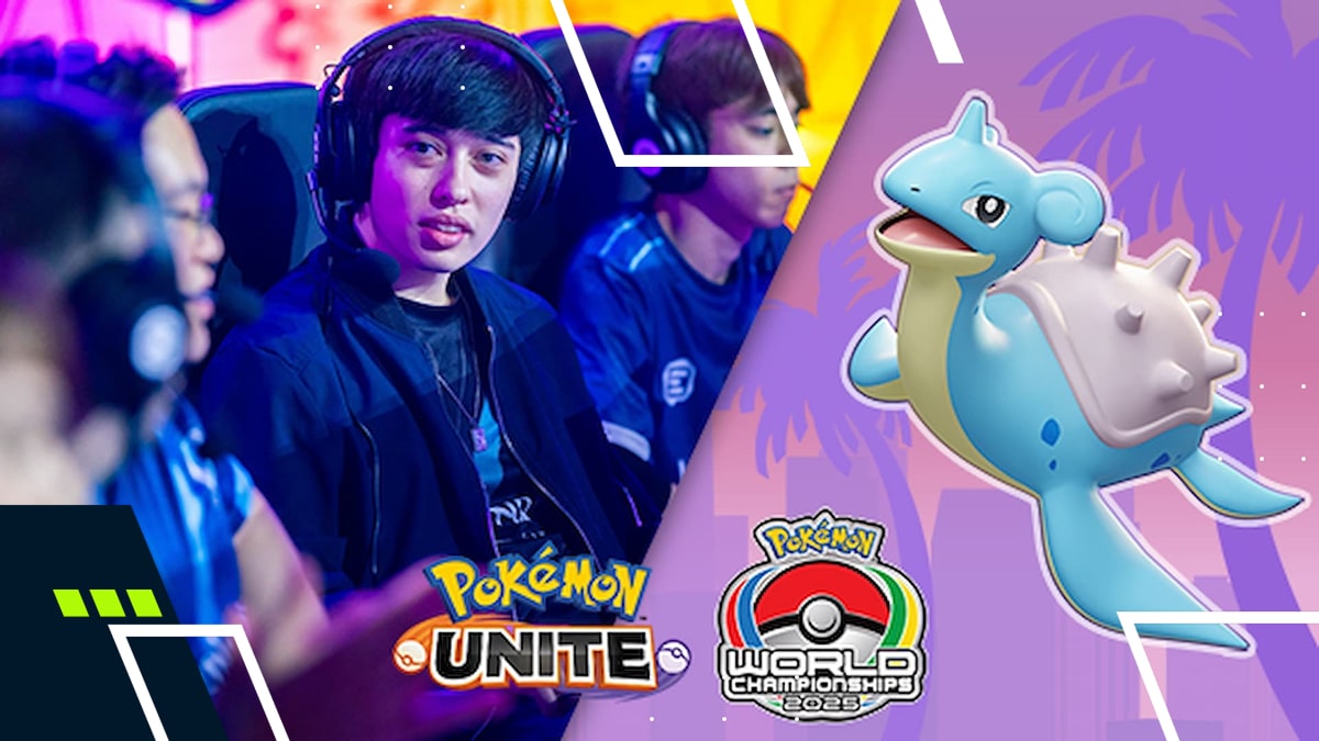 Pokémon UNITE players wearing headsets at a tournament, with Lapras artwork and the Pokémon World Championships 2025 logo