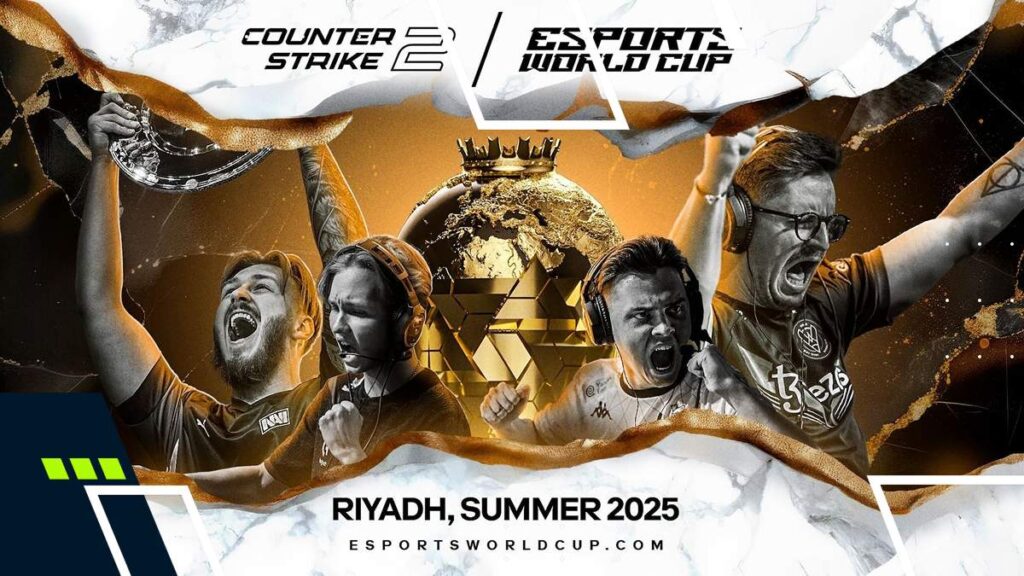 Four esports players celebrate with a trophy, set against a striking background featuring the Counter-Strike 2 World Cup branding.