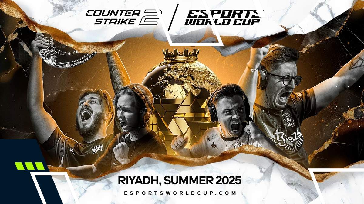 Four esports players celebrate with a trophy, set against a striking background featuring the Counter-Strike 2 World Cup branding.