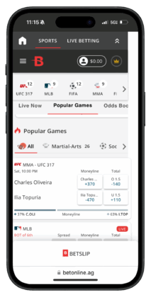 Mobile screenshot of the BetOnline US sports betting site