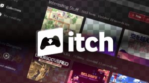 Itch.io logo over a blurred background of indie game thumbnails