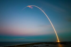 SpaceX launch across a skyline