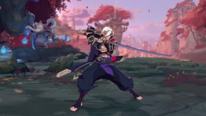 A warrior with a white hair is poised with a sword in a fantasy landscape