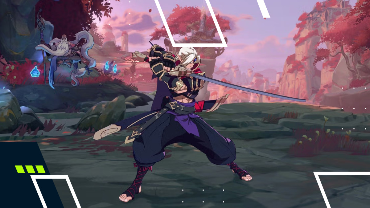Yasuo wields a sword in a dynamic pose amidst a vibrant, mystical landscape with red trees