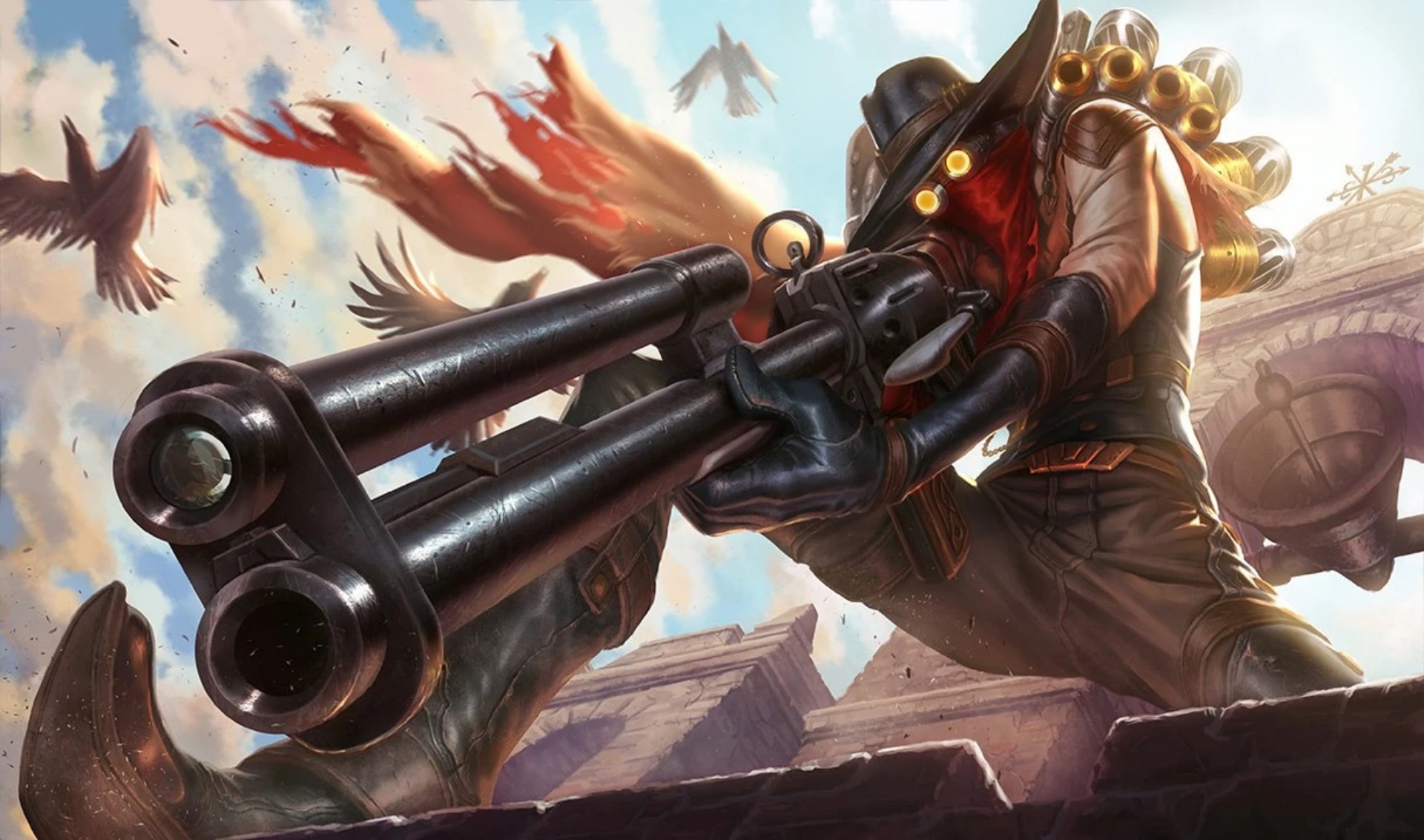 League of Legends champion Jhin in his High Noon skin aiming a large rifle.