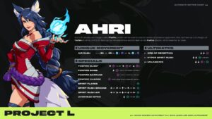 Ahri stands in a red and white outfit with long blue hair.