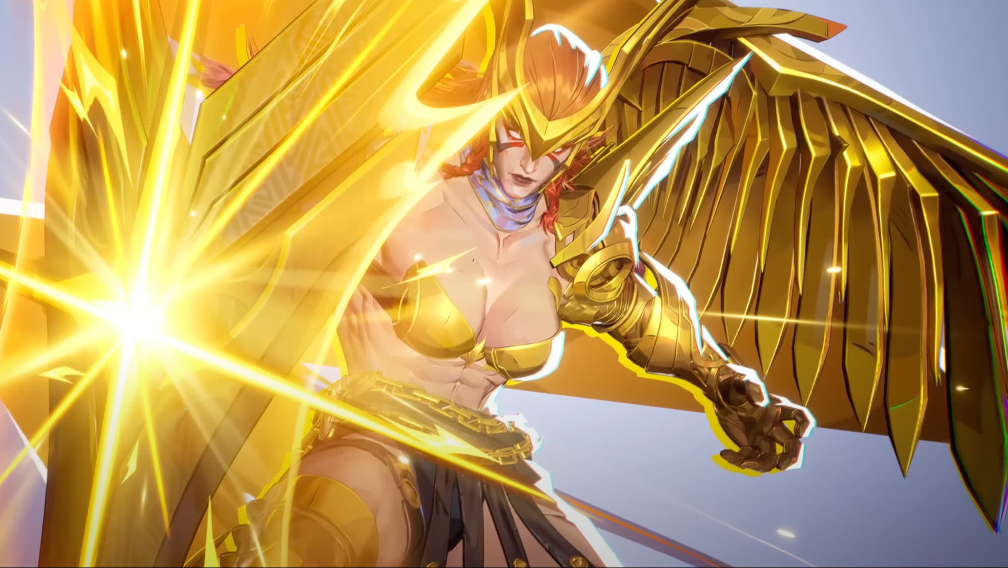 Angela glowing with golden wings and shield