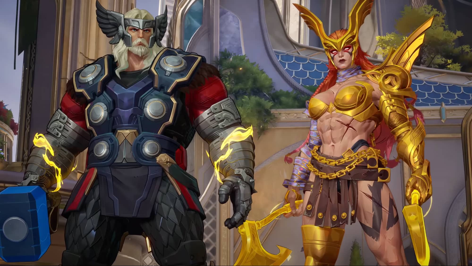 Angela and Thor standing together in armor