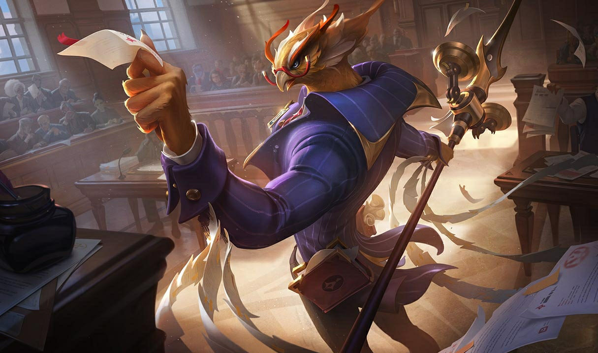 League of Legends champion Azir in his Courtroom skin dressed as a judge holding a staff and papers.