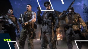 Four armed soldiers standing together at night