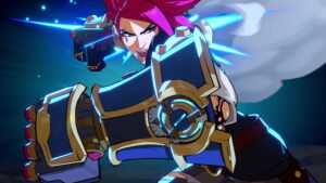 A fierce character with bright pink hair punches forward, wearing large, glowing armored gloves