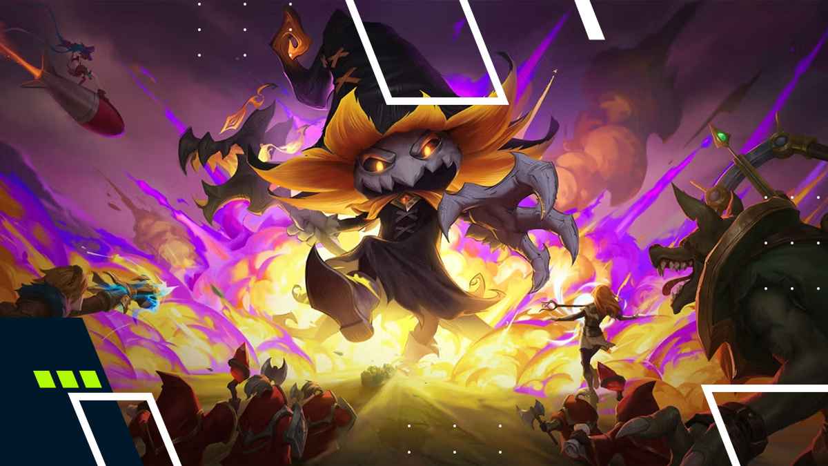 Cartoonish pumpkin-headed scarecrow villain surrounded by chaos and enemies in League of Legends.