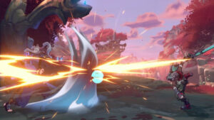 Two fantasy warriors clash in a dynamic sword fight, energy beams colliding