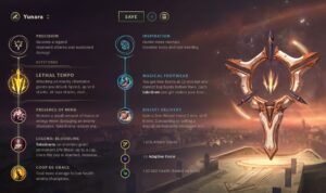 Game interface showing a character build for Yunara with the Precision and Inspiration paths. Includes icons and descriptions for abilities like Lethal Tempo and Magical Footwear. Background features fantasy landscape with glowing emblem