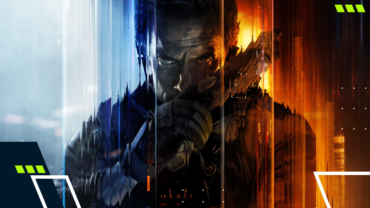 Black Ops 7 character with intense eyes holds a weapon, his image split into contrasting blue and orange halves
