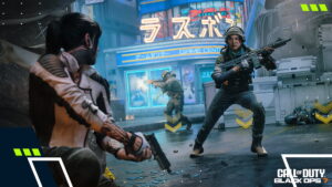 Gunfight in neon-lit shopping streets
