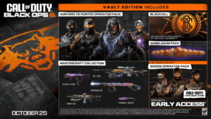 Call of Duty: Black Ops 6 Vault Edition promotional image. Features masked characters, weapon collection, and early access details