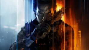 A character of COD in a dramatic pose holds a futuristic weapon, split into blue and orange lighting