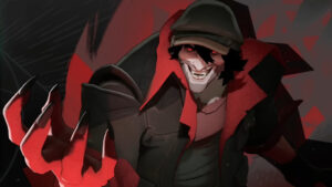Grinning red-eyed character with claws in dark coat