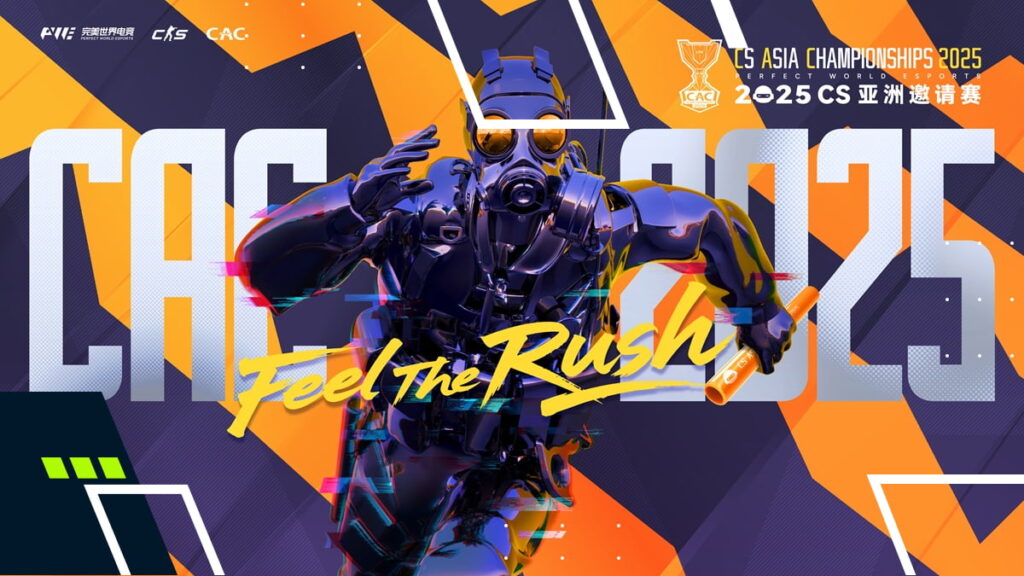 Promotional artwork for CS Asia Championships 2025 with “Feel the Rush” slogan and futuristic soldier design