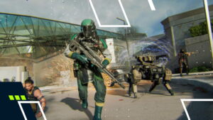 A soldier of COD in futuristic armor runs forward with a rifle, flanked by a robotic dog on a modern battlefield