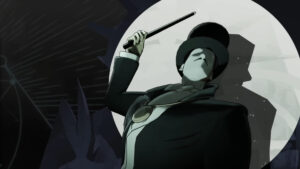 Shadowy figure in top hat holding cane before full moon