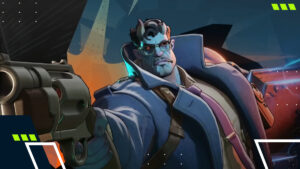 Stylized demon character in coat aiming revolver