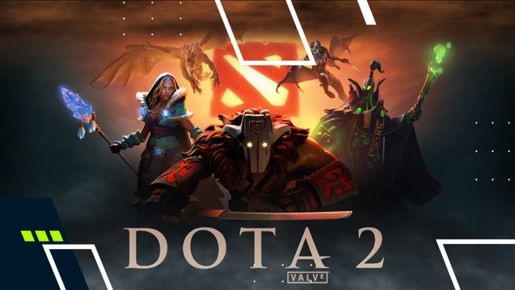Dota 2 heroes with logo in background