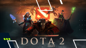 Dota 2 heroes with logo in background