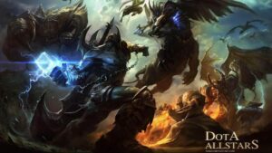 Fantasy warriors and monsters battling with magic and fire