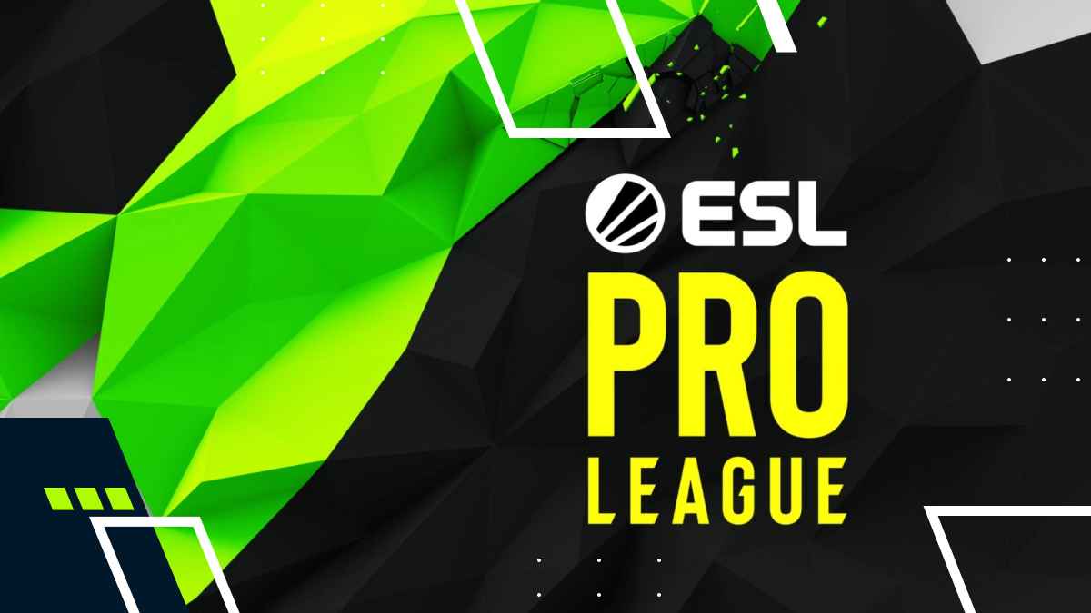 Graphic design featuring the ESL logo and "PRO LEAGUE" text, set against a vibrant green and black geometric background.