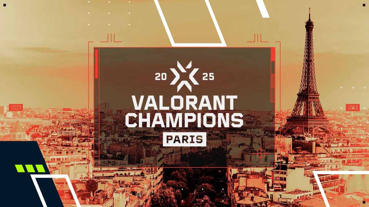 Bold graphic featuring the Eiffel Tower and cityscape, announcing Valorant Champions 2025 in Paris.
