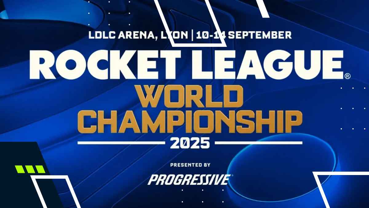 "Announcement for the Rocket League World Championship 2025, held at LDLC Arena in Lyon from September 10-14, presented by Progressive."
