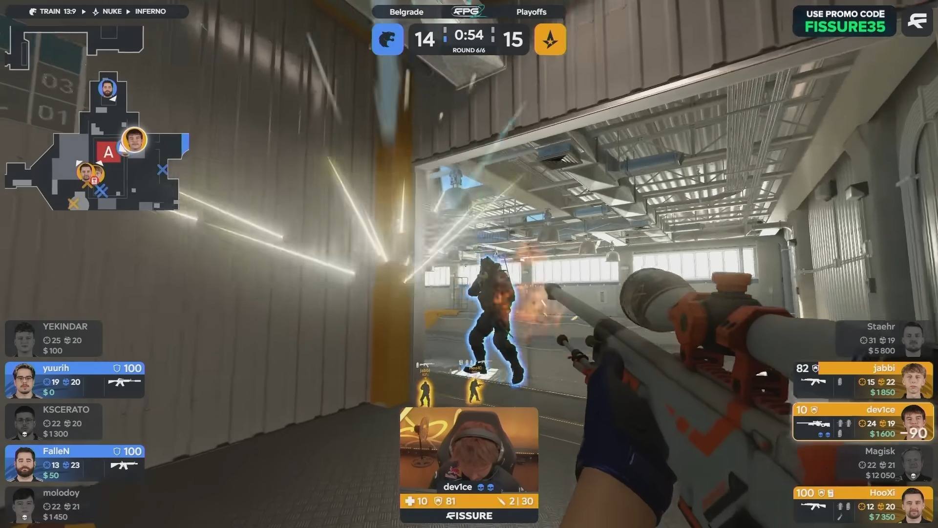 CS2 gameplay screenshot from FISSURE Playground 2 with device clutching an AWP duel against FURIA on Nuke.