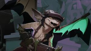 Grinning bat-like creature with cap holding rifle