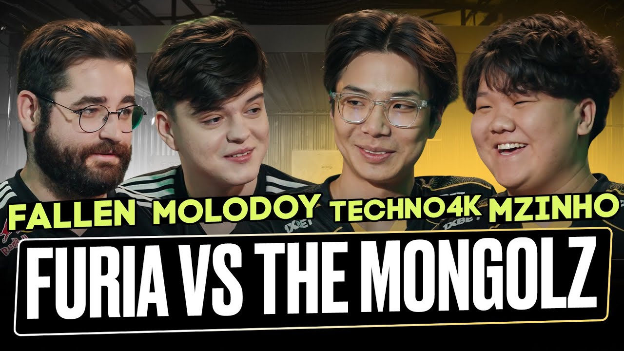 Promotional poster showing FURIA players FalleN and Molodoy against The MongolZ players Techno4k and mzinho.