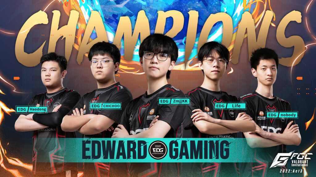 Edward Gaming team celebrating their championship victory, wearing team jerseys and holding a trophy.