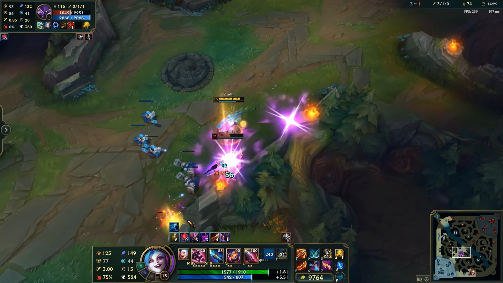League of Legends gameplay screenshot showing Jinx fighting Kassadin in mid lane.