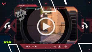 Replay screen in VALORANT showing sniper scope, minimap, and playback options